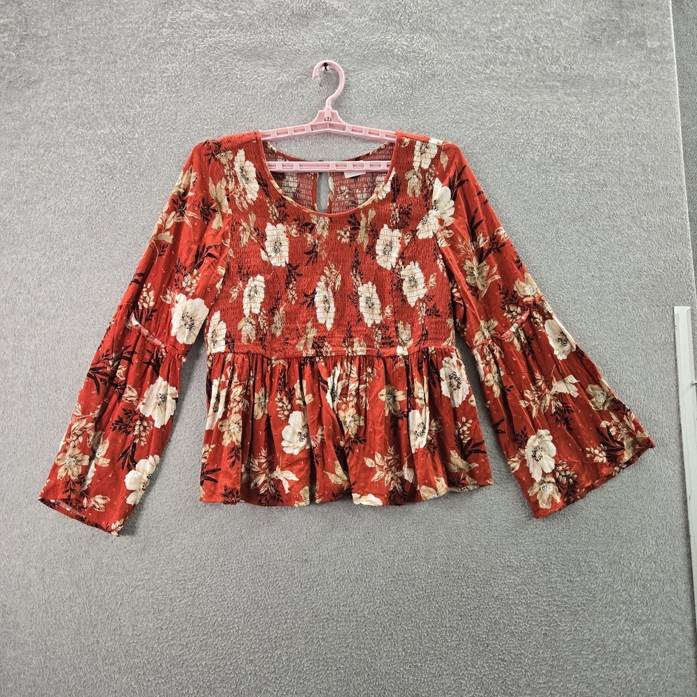 Torrid Women Blouse 1 Rust Floral Peplum Ruffle Round Neck Pullover